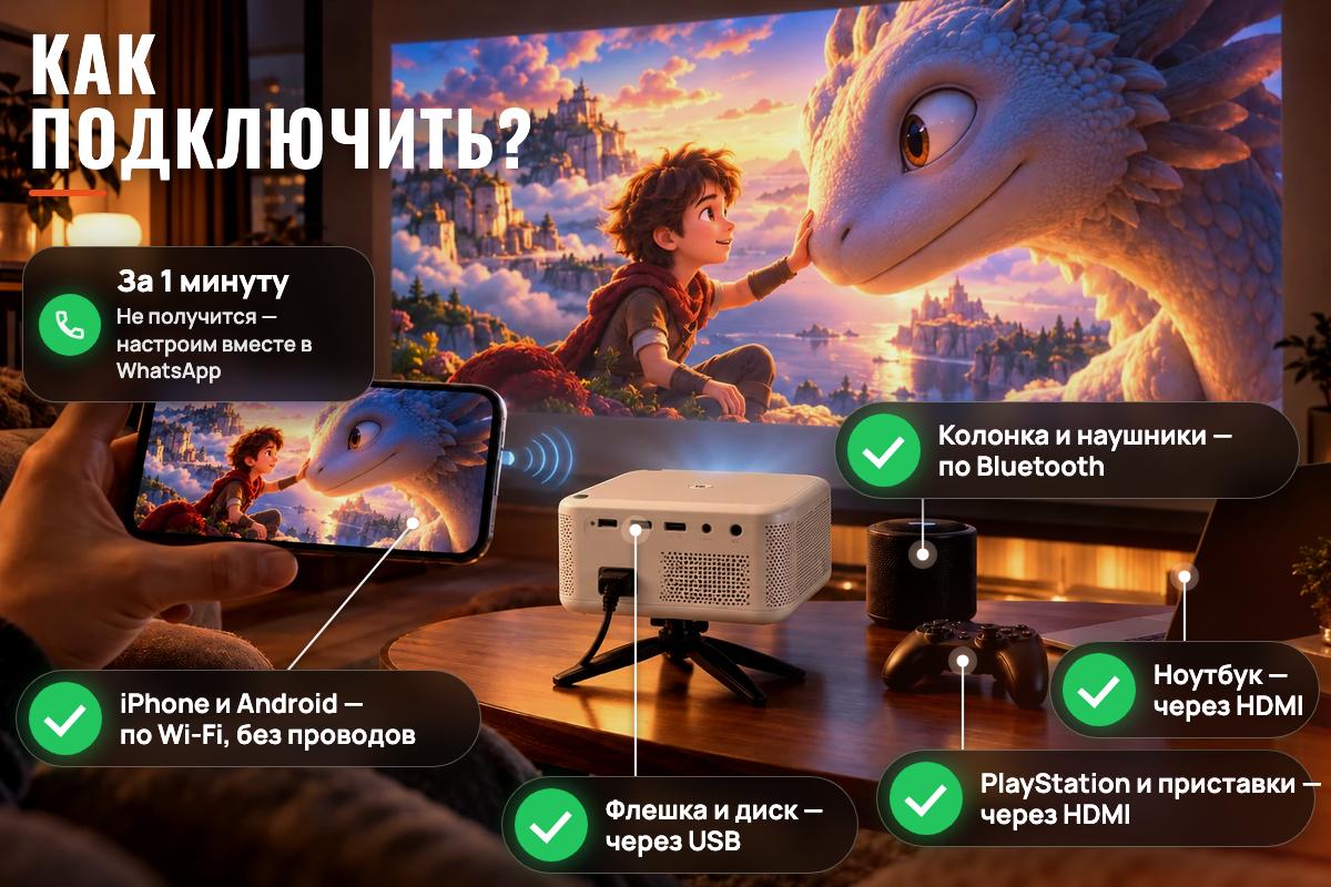 Подключение проектора: телефон, ноутбук, приставка, колонка